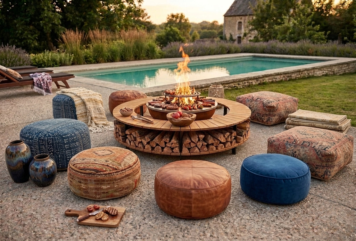 Brasero sol et table basse en acacia