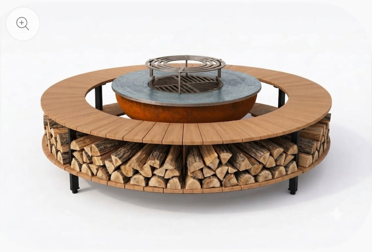 Brasero sol et table basse en acacia