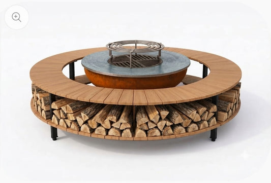Brasero sol et table basse en acacia