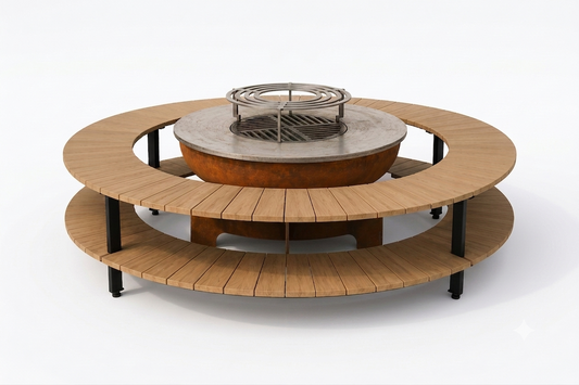 Brasero sol et table basse en acacia
